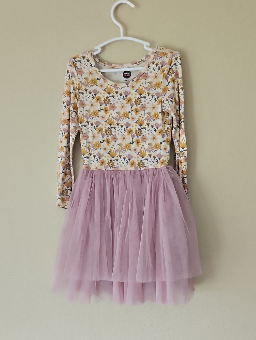 2T Bird & Bean Modal Long-Sleeve Dress‎ with Mauve Tulle Skirt